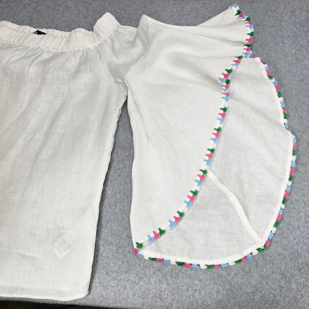 Zara Off Shoulder Blouse Top XS White 100% Linen Flutter Bell Cottage Festival